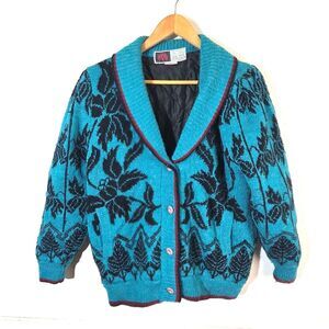 Vintage LUNG KONG Knit Cardigan Sweater Teal Black Floral Lined Button Up SM